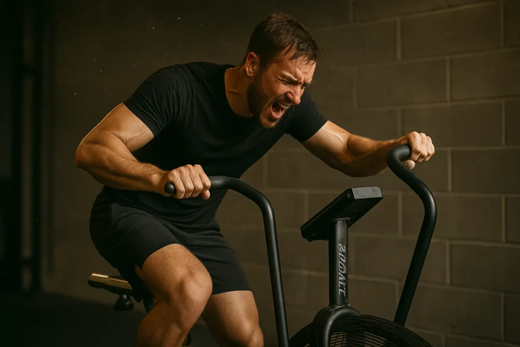 Athlete on Assault Bike mid-sprint, sweat flying, fan blur in motion