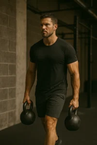 Athlete walking with kettlebells at sides in industrial gym