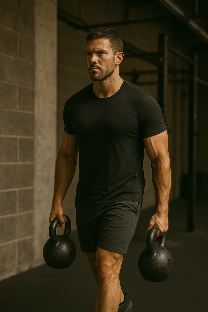 Athlete walking with kettlebells at sides in industrial gym