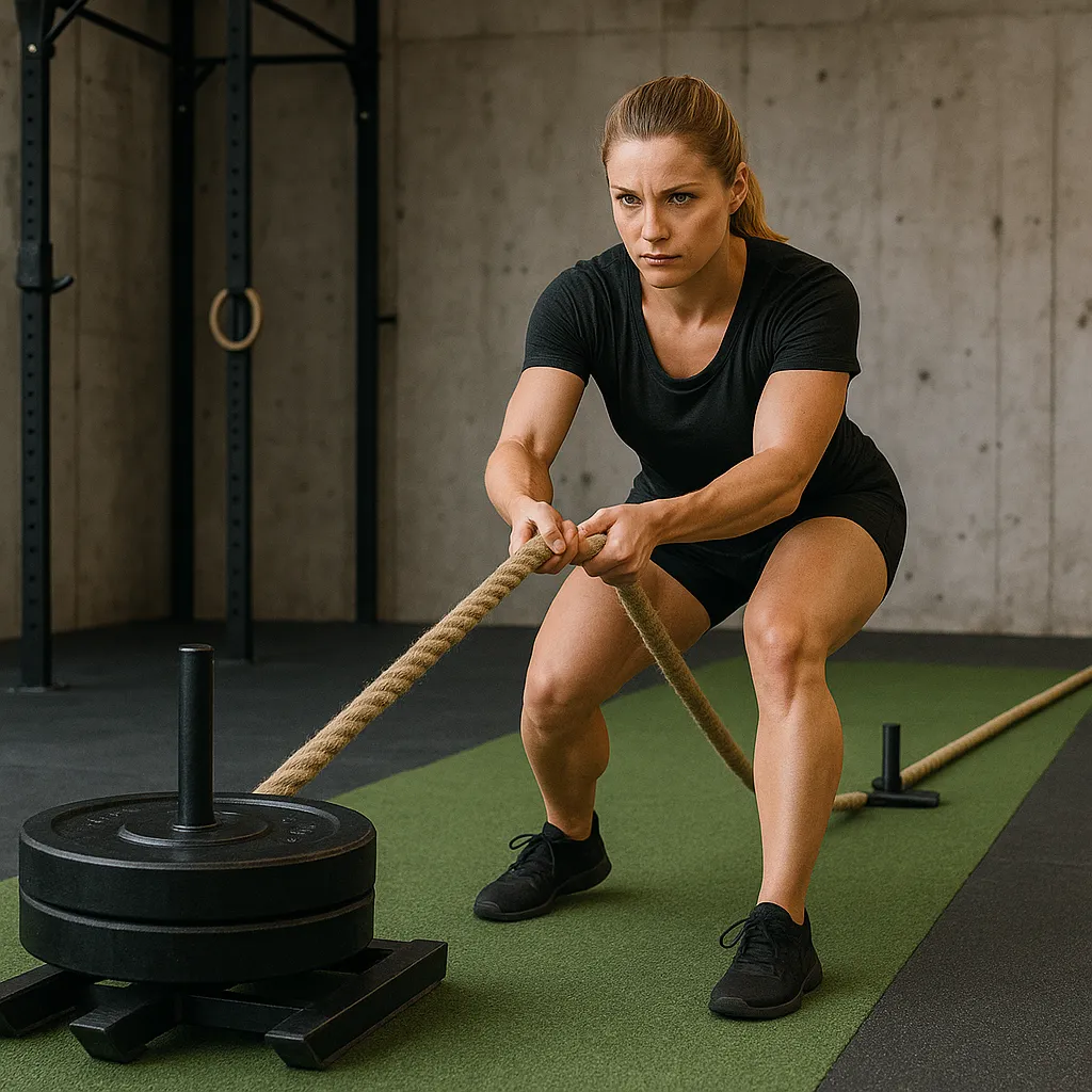 Female athlete pulling sled with rope in functional training area, strong tension