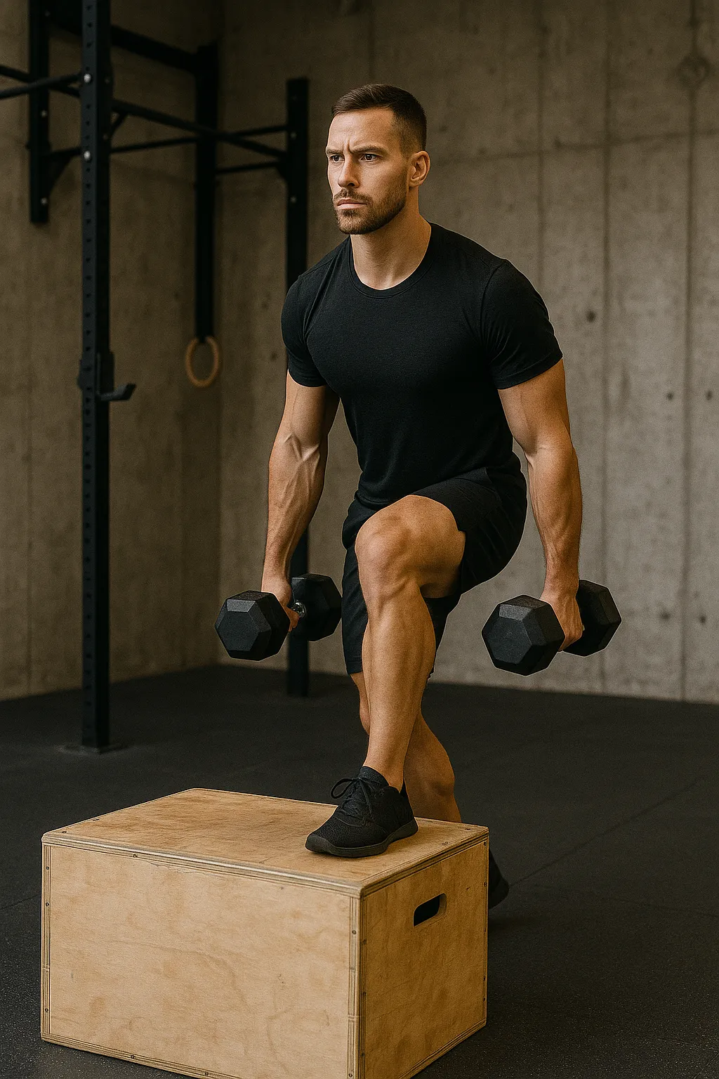 Athlete performing dumbbell step-up on plyo box, focused expression 2