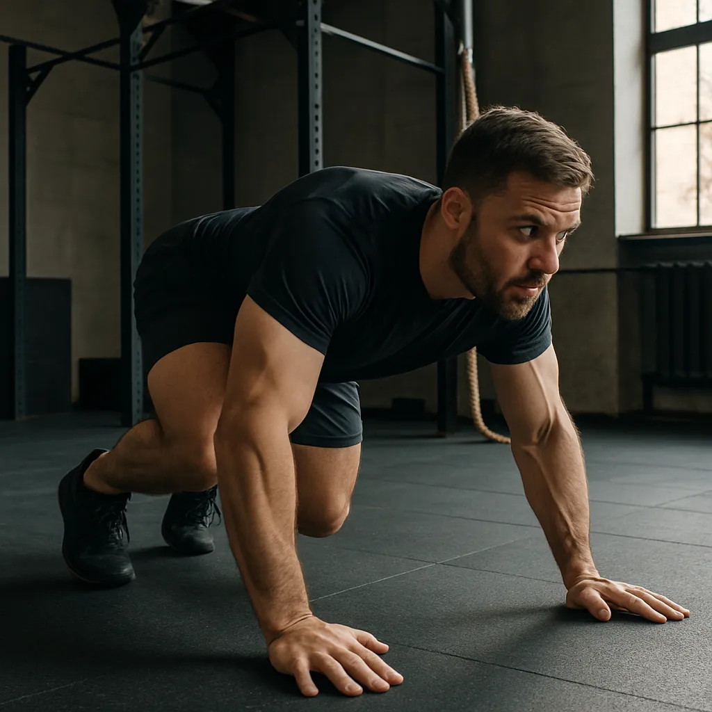 Athlete crawling forward on gym floor in bear crawl position, focus on stability