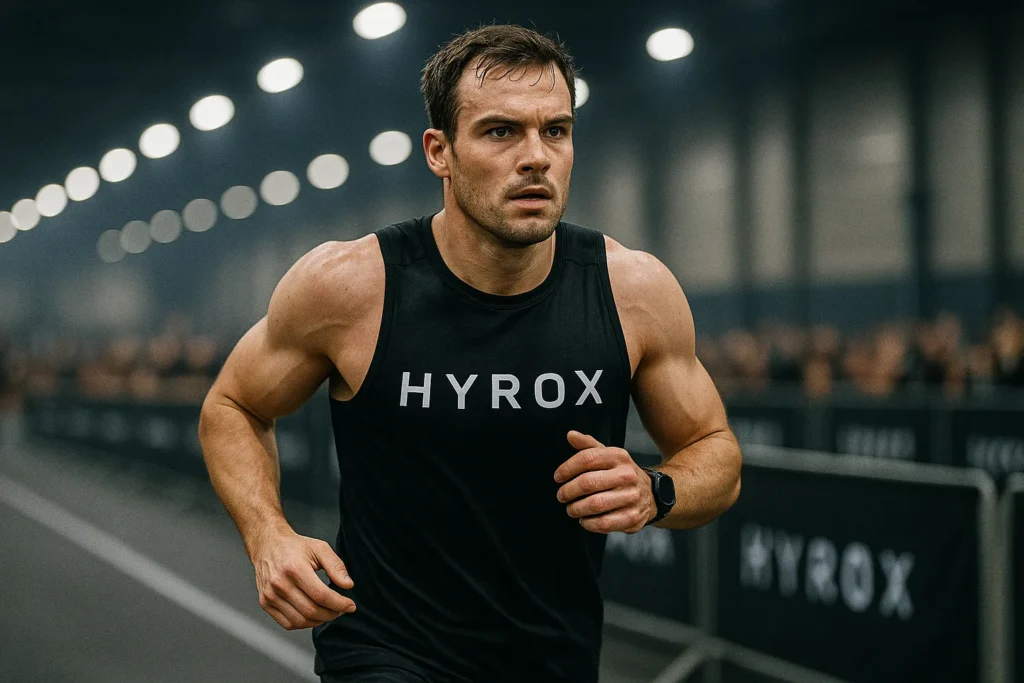 Athlete pacing their run between stations, breathing controlled, focused eyes