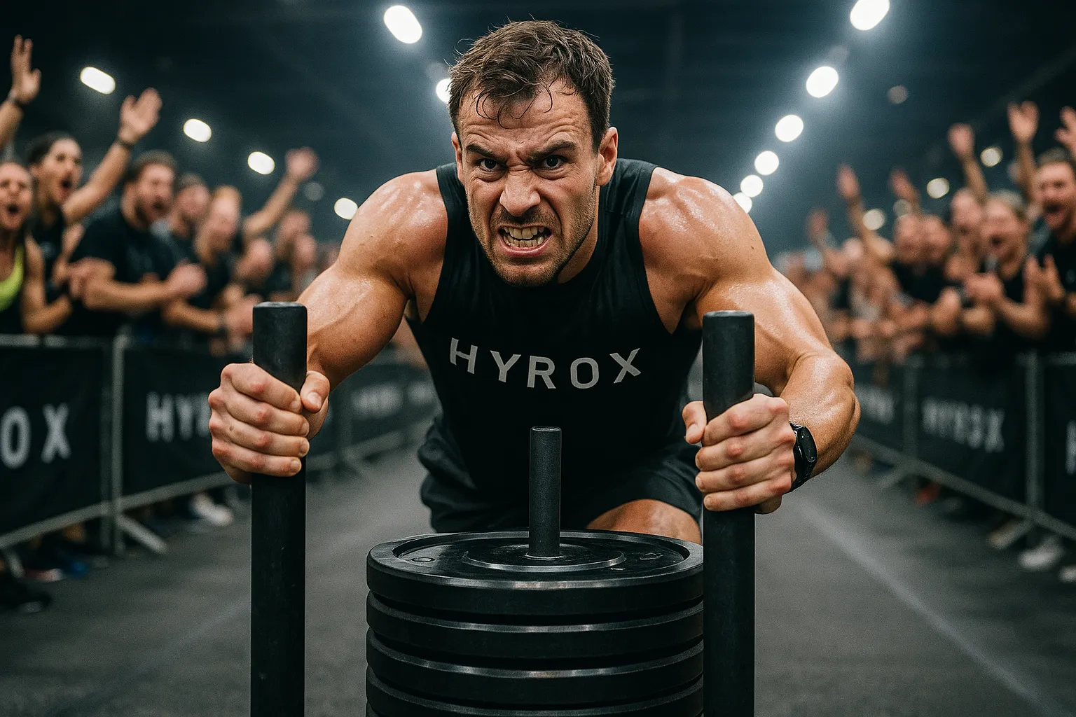 Athlete mid-HYROX race, grit and focus on their face, pushing a sled across the floor surrounded by cheering crowd — captured under bright competition lighting with energy and intensity