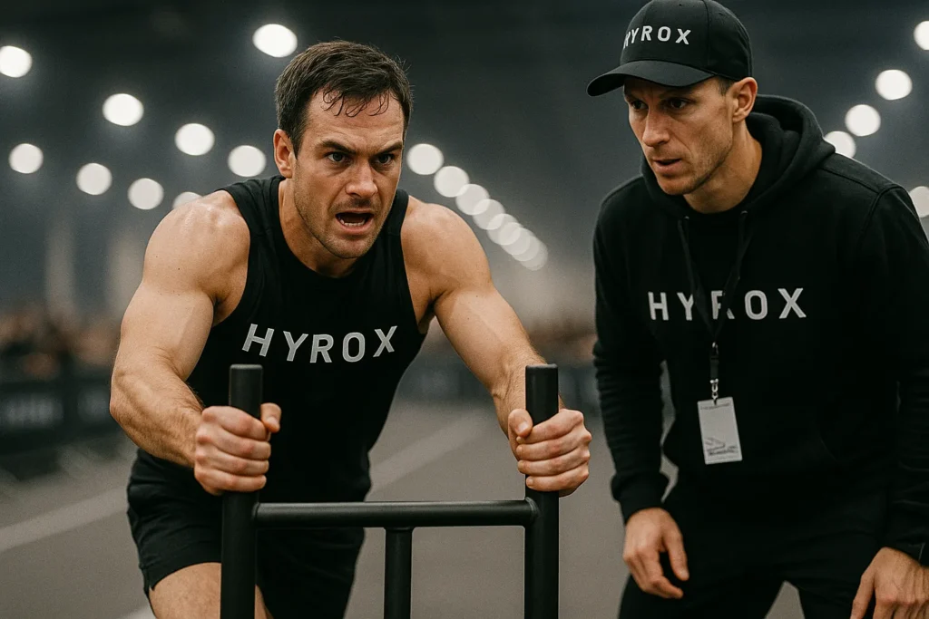 Athlete mid sled push, coach watching closely from the sideline