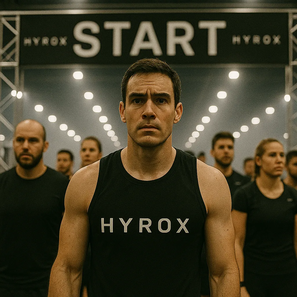 Athlete standing at the HYROX start line, nervous but focused, surrounded by competitors — bright lights, race banners, energy and anticipation in the air