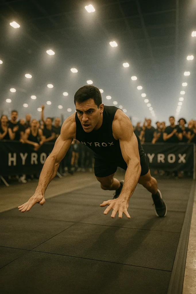 Athlete mid-burpee broad jump, crowd in background, competition lights