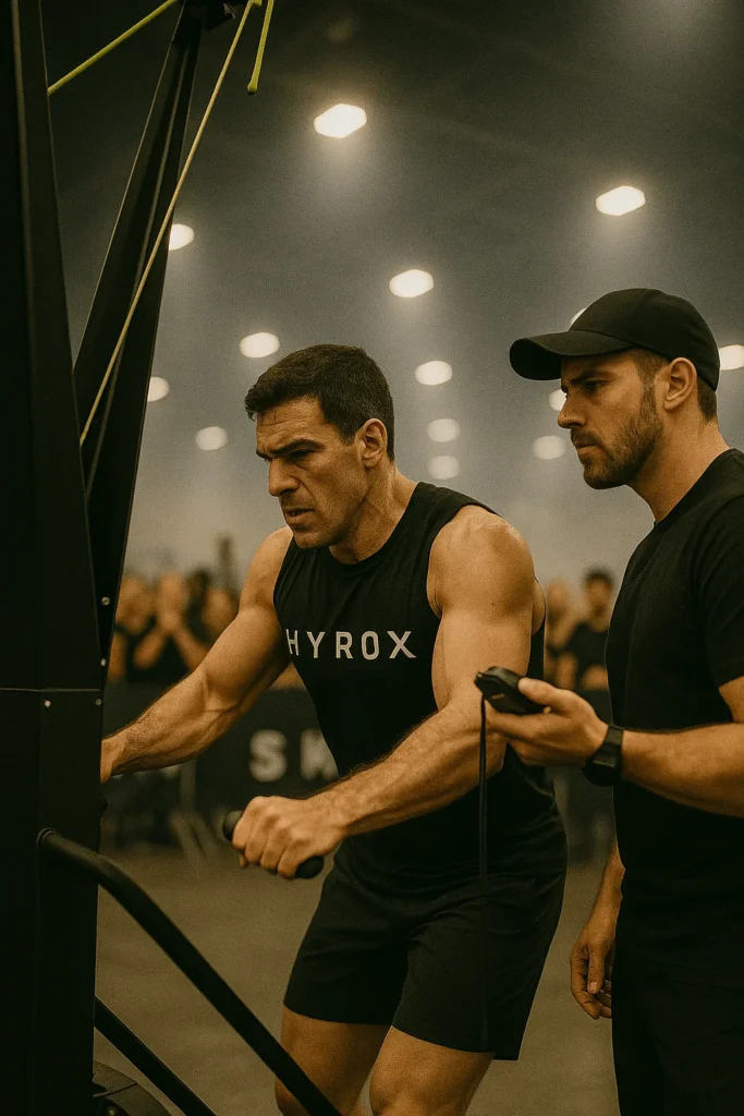 Coach watching athlete on SkiErg, stopwatch in hand