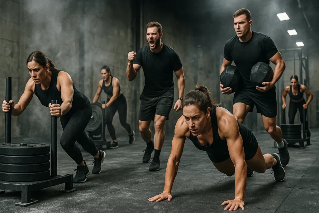 Athletes performing sled pushes, carries, and burpees in a gritty gym — chalk in the air, focused intensity, and a coach motivating in the background