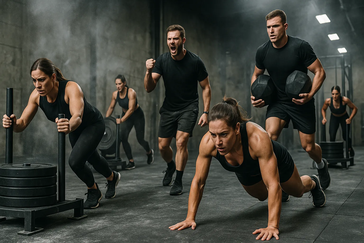 Athletes performing sled pushes, carries, and burpees in a gritty gym — chalk in the air, focused intensity, and a coach motivating in the background
