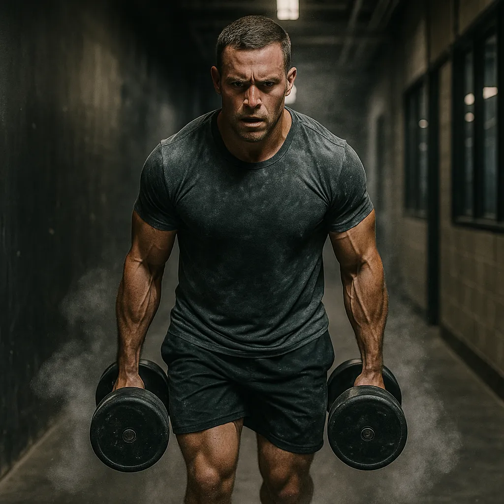 Athlete doing heavy farmer’s carries through a gym corridor, chalk dust in air