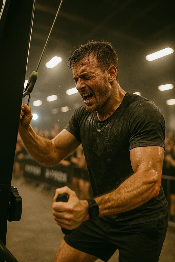 Athlete on SkiErg grimacing but maintaining form, sweat flying