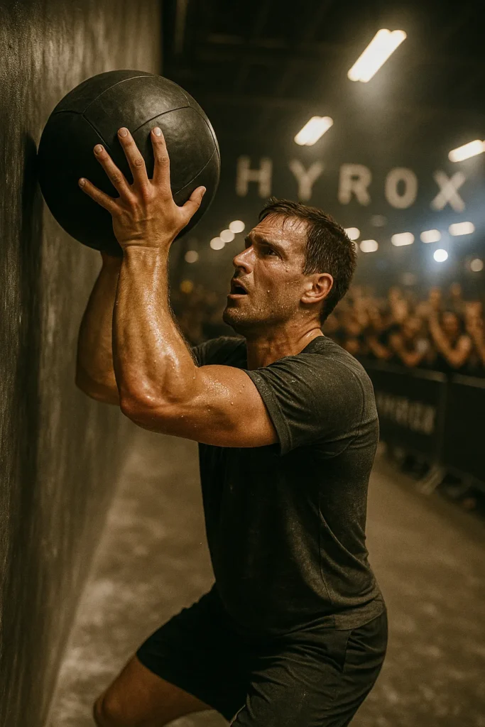 Athlete mid-race, drenched in sweat, face showing determination and fatigue, pushing through final wall balls under bright HYROX competition lights crowd cheering in the background