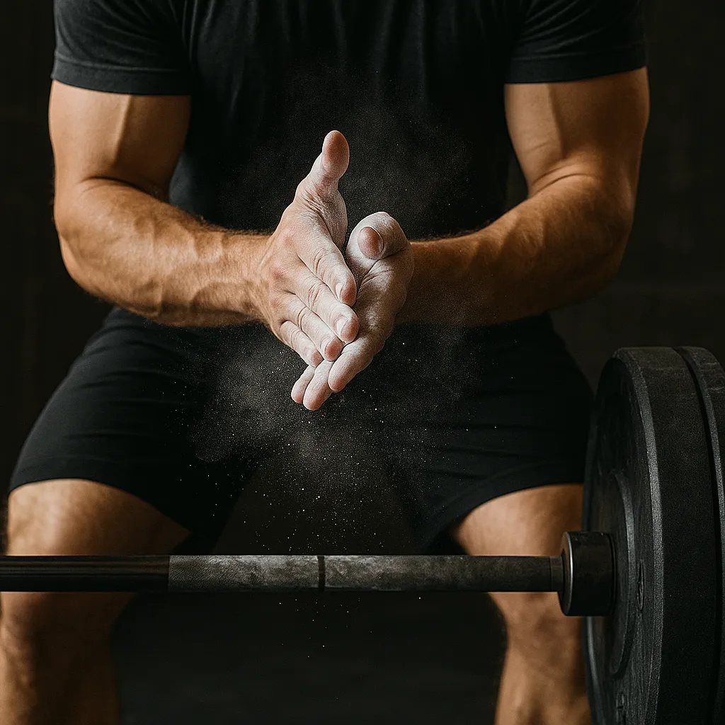 Close-up of athlete’s hands chalking before heavy deadlift, dramatic gym lighting