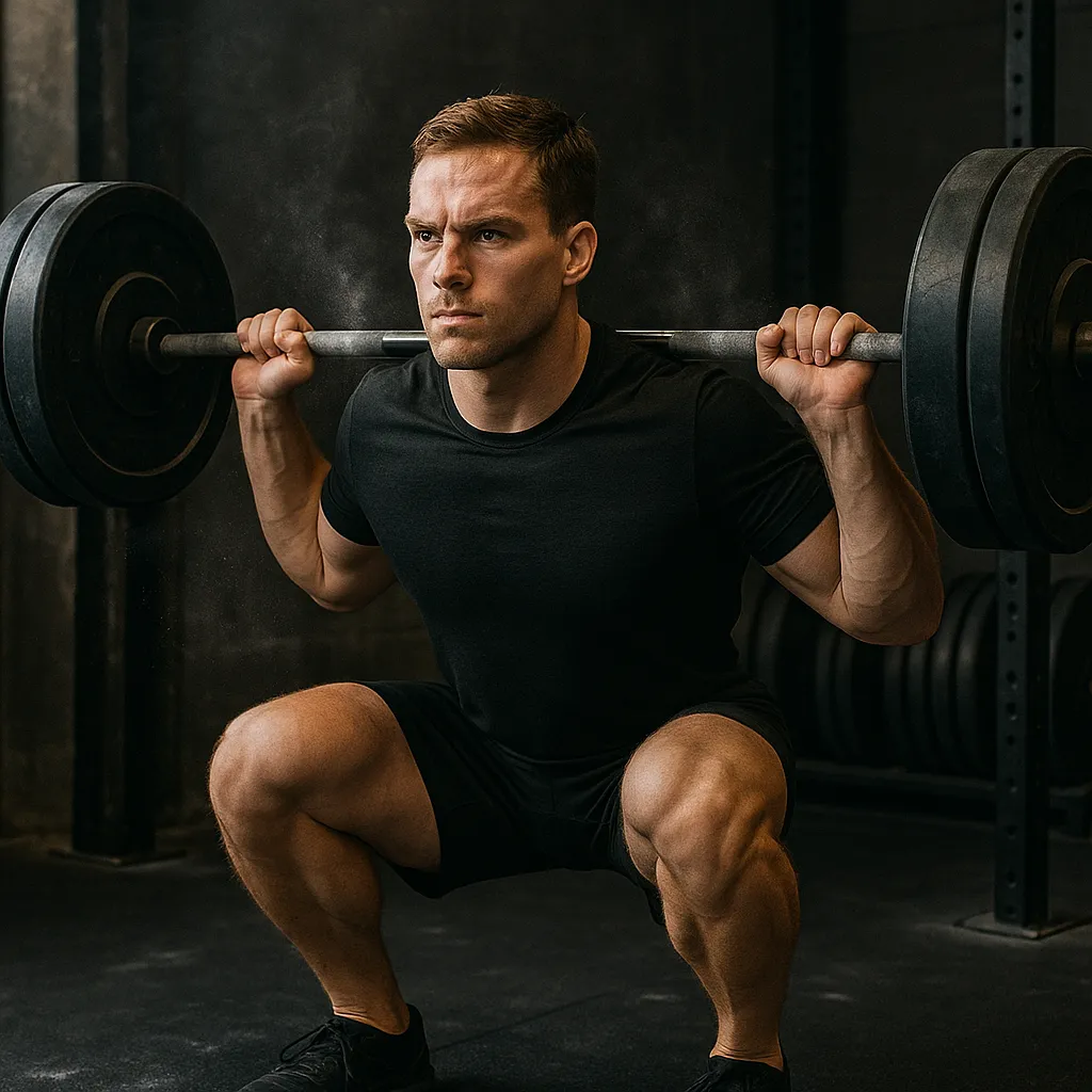Athlete performing heavy barbell back squat with perfect form in a professional gym, chalk dust in the air, focused expression, photo-realistic lighting