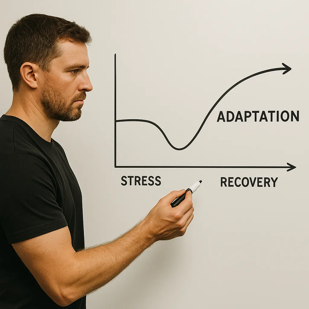 Sports scientist writing on whiteboard showing adaptation curve stress-recovery-adaptation