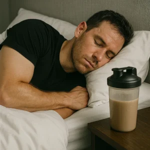 Athlete sleeping or resting post-training with protein shake on bedside table, symbolizing recovery