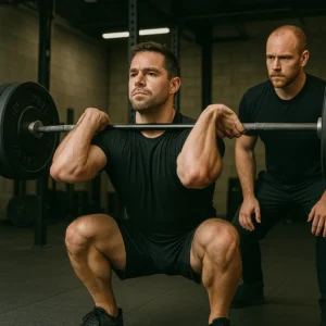 Strong athlete performing barbell front squat in a high-performance gym, coach observing technique, clean lighting, photo-realistic detail represents strength foundation for all sports