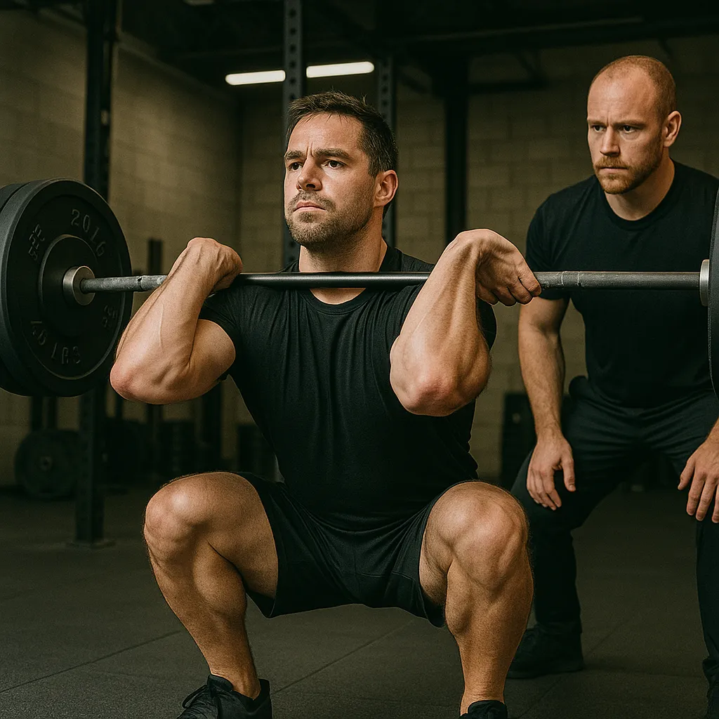 Strong athlete performing barbell front squat in a high-performance gym, coach observing technique, clean lighting, photo-realistic detail represents strength foundation for all sports