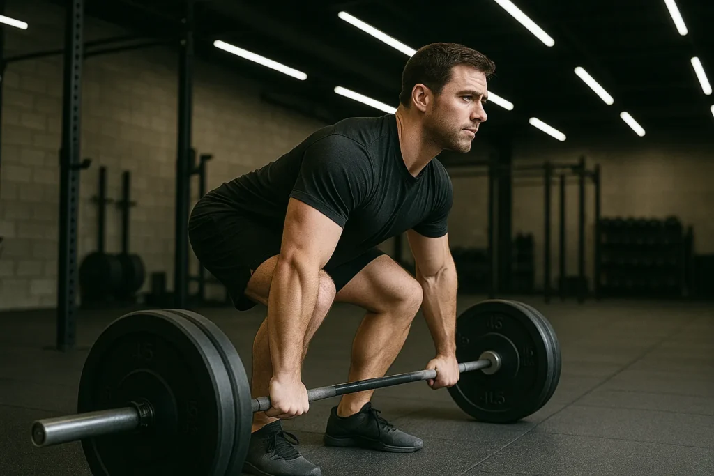 Athlete performing deadlift with proper form, side angle, modern performance gym lighting