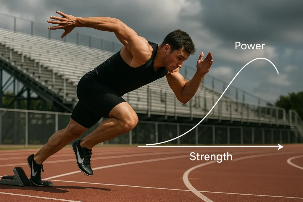 Sprinter launching from blocks, overlay diagram showing strength-to-power relationship