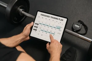 Athlete reviewing a periodised training plan on tablet beside a barbell and stopwatch, clear calendar layout visible