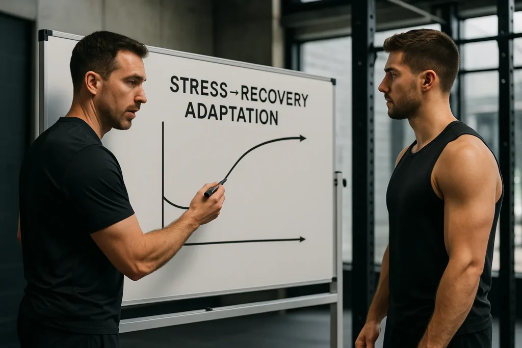 Sports scientist or strength coach writing on a whiteboard showing an adaptation curve labelled Stress - Recovery - Adaptation
