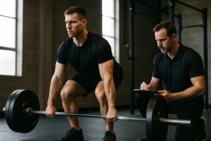 Athlete performing deadlift with proper form, coach observing technique and taking notes, symbolising structured coaching feedback