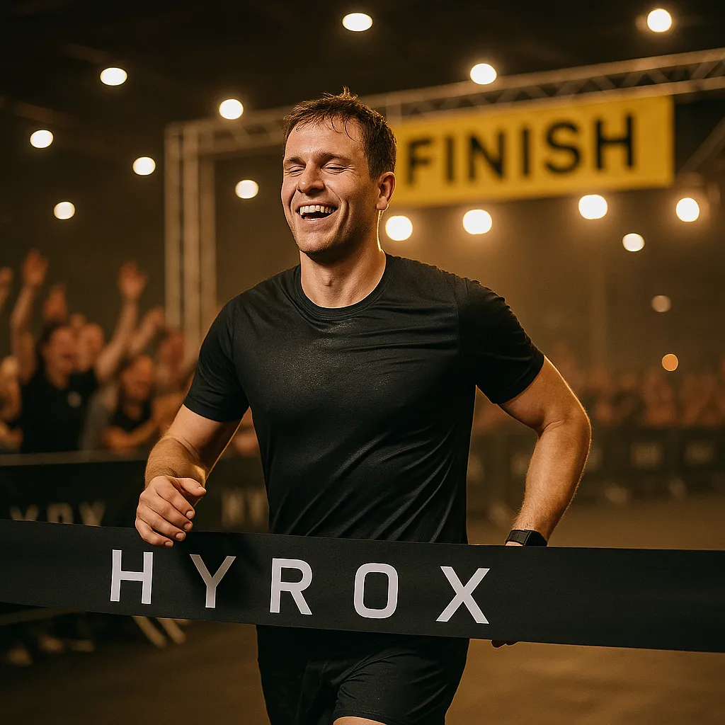 Athlete crossing HYROX finish line, exhausted but smiling representing the payoff of structured, periodised training