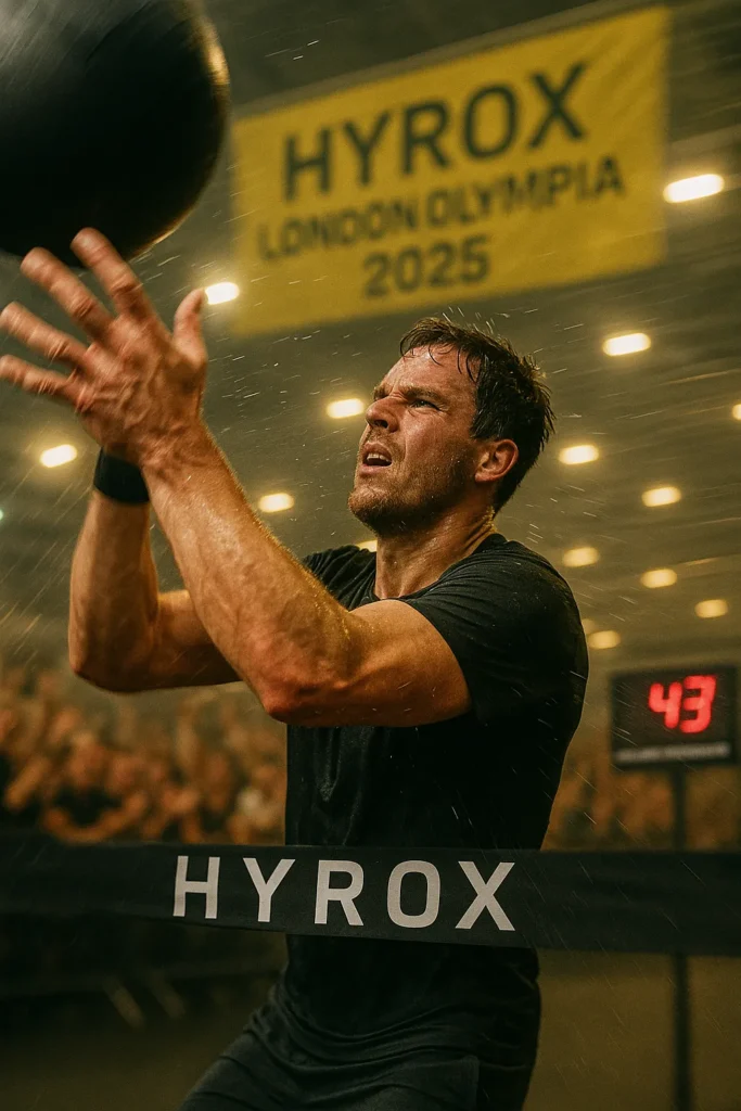 A determined athlete mid-race at a HYROX event pushing through the final wall balls under bright competition lights, crowd cheering, sweat flying, expression showing focus and fatigue