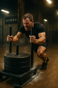 Athlete pushing heavy sled in a HYROX-style gym, focus and strain visible, chalk dust and lighting for atmosphere