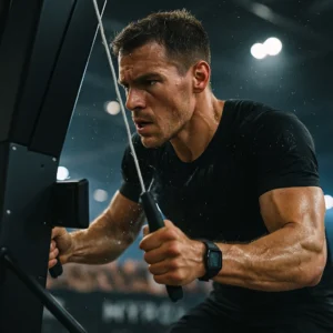 Athlete mid-race on SkiErg, grimacing but composed, sweat flying, focus in the eyes