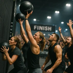 Group of athletes in final wall ball zone, crowd cheering, exhaustion and triumph captured together