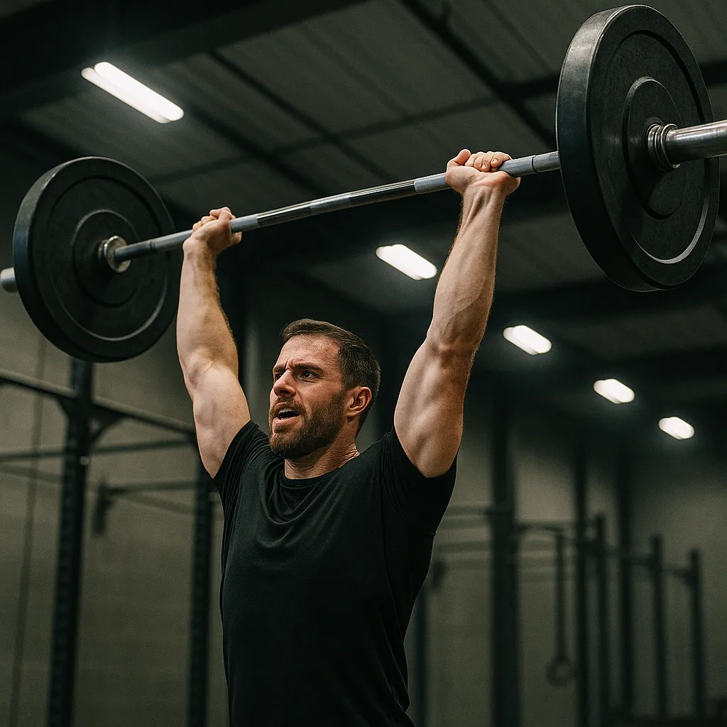 Athlete pressing barbell overhead, core braced, neutral spine, gym lighting