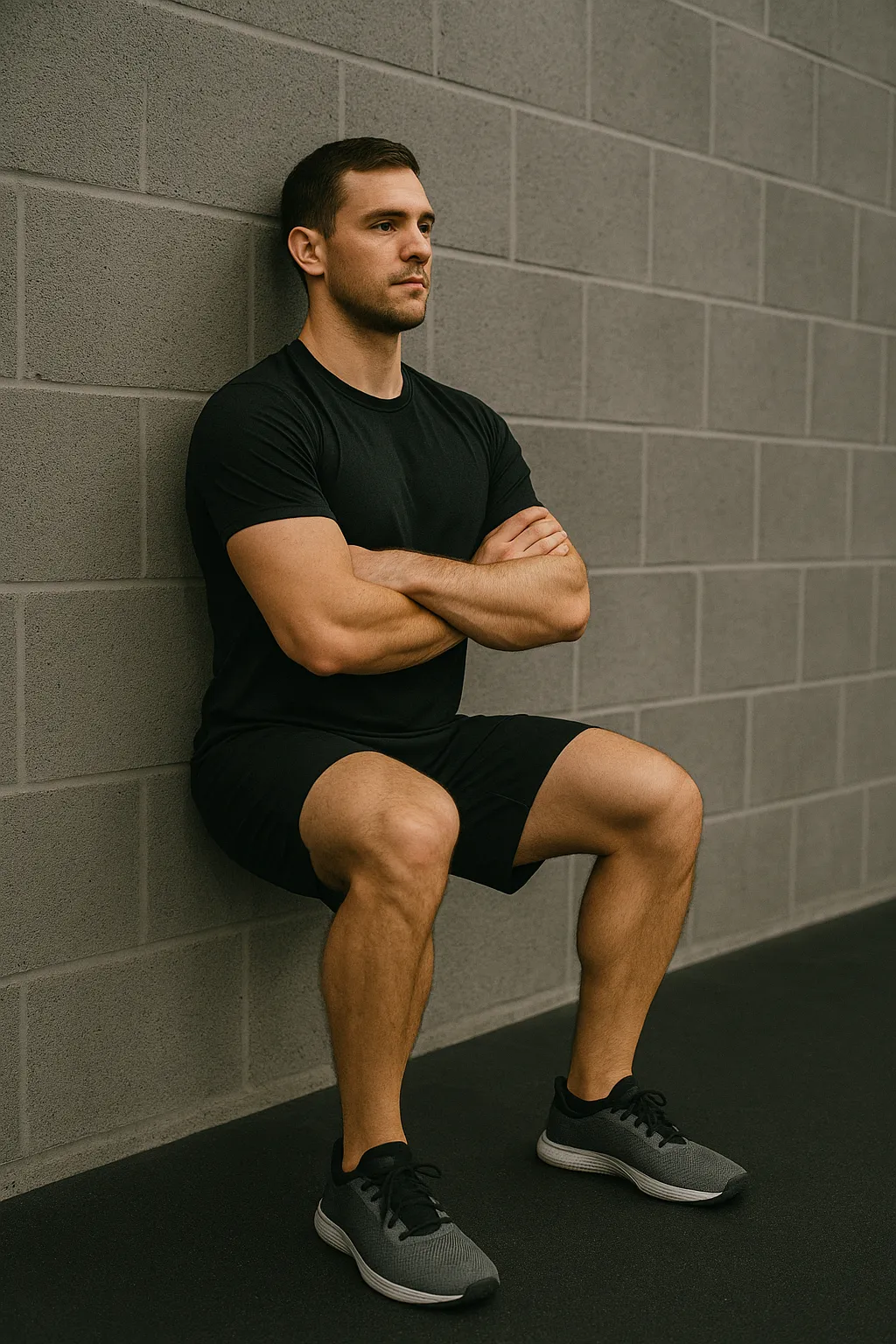 Athlete holding wall sit position with calm focus, minimalist gym backdrop