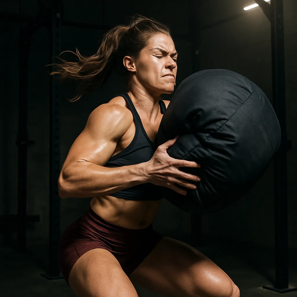 Female Athlete cleaning sandbag explosively to shoulders, mid-motion, strong gym lighting