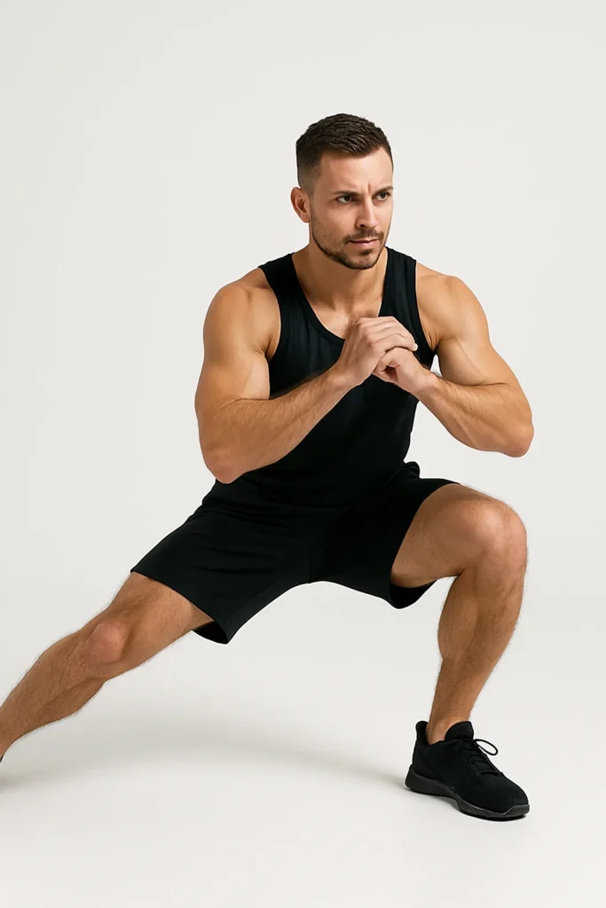 Athlete performing side lunge, one leg bent, other straight, clean white gym floor