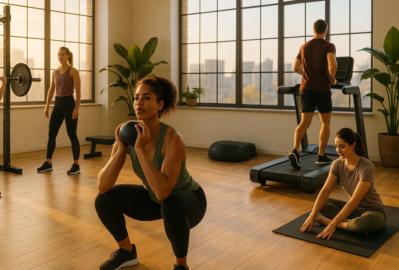 bright, inviting gym scene at sunrise. A diverse group of people engaged in various fitness activities lifting weights, stretching, and using cardio machines