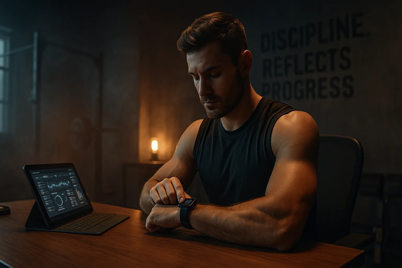 fit athlete sits at a workstation with a smartwatch and tablet showing workout data, surrounded by dim industrial lighting and motivational cues on the wall