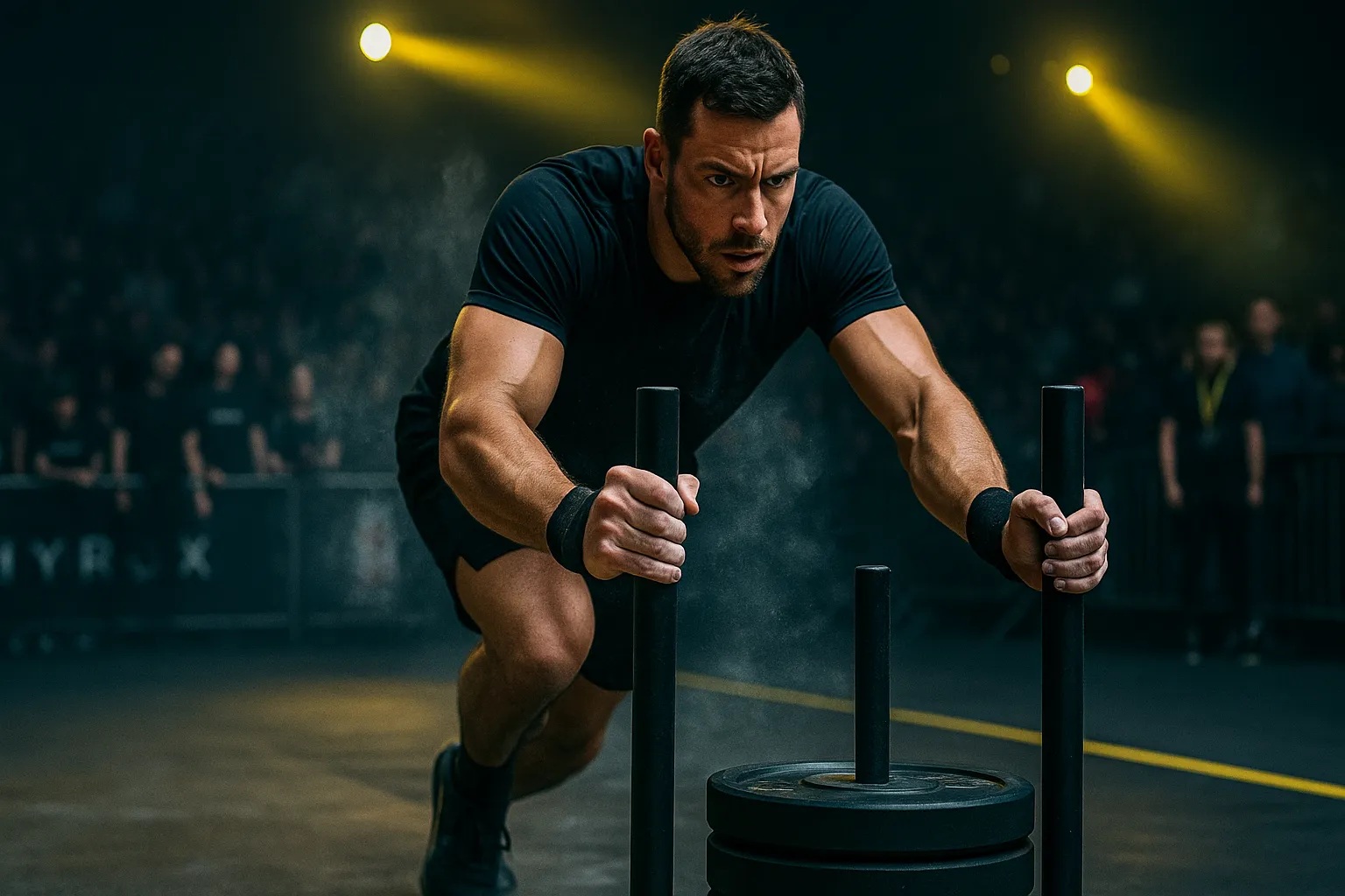 A determined athlete mid-HYROX race inside a competition arena. The athlete is pushing a heavy sled under bright event lighting with spectators blurred in the background