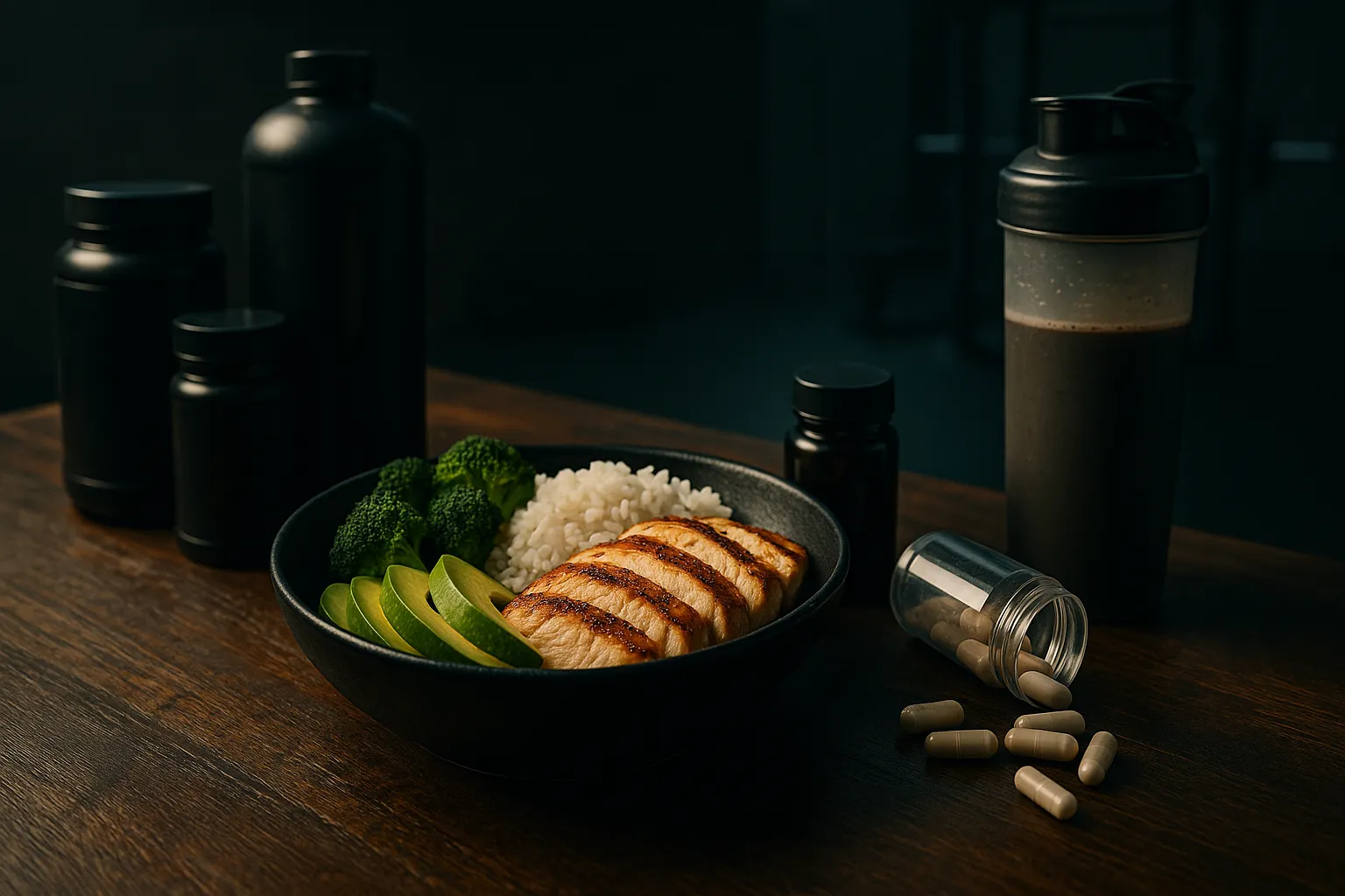 A cinematic still-life in a dark, moody athletic kitchen a meal prep layout featuring grilled chicken, rice, vegetables, and supplements beside a shaker bottle