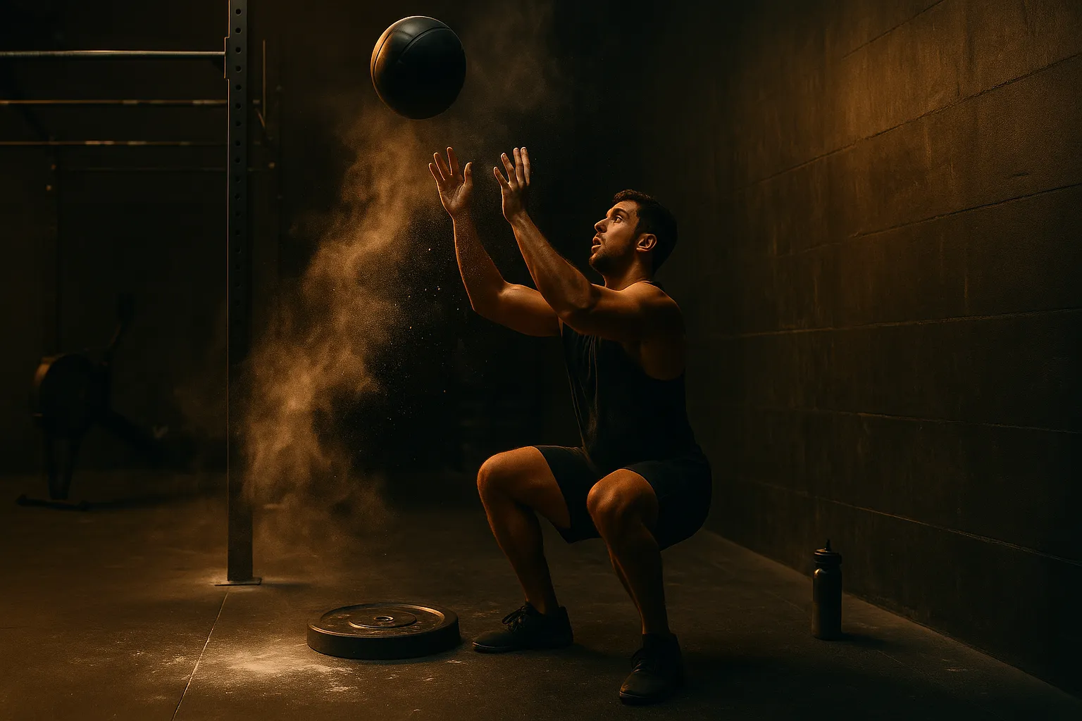 powerful wide shot of a functional fitness athlete mid-wall ball throw in a dark, gritty gym. Chalk dust hangs in the air, sweat visible, and the energy of competition fills the space