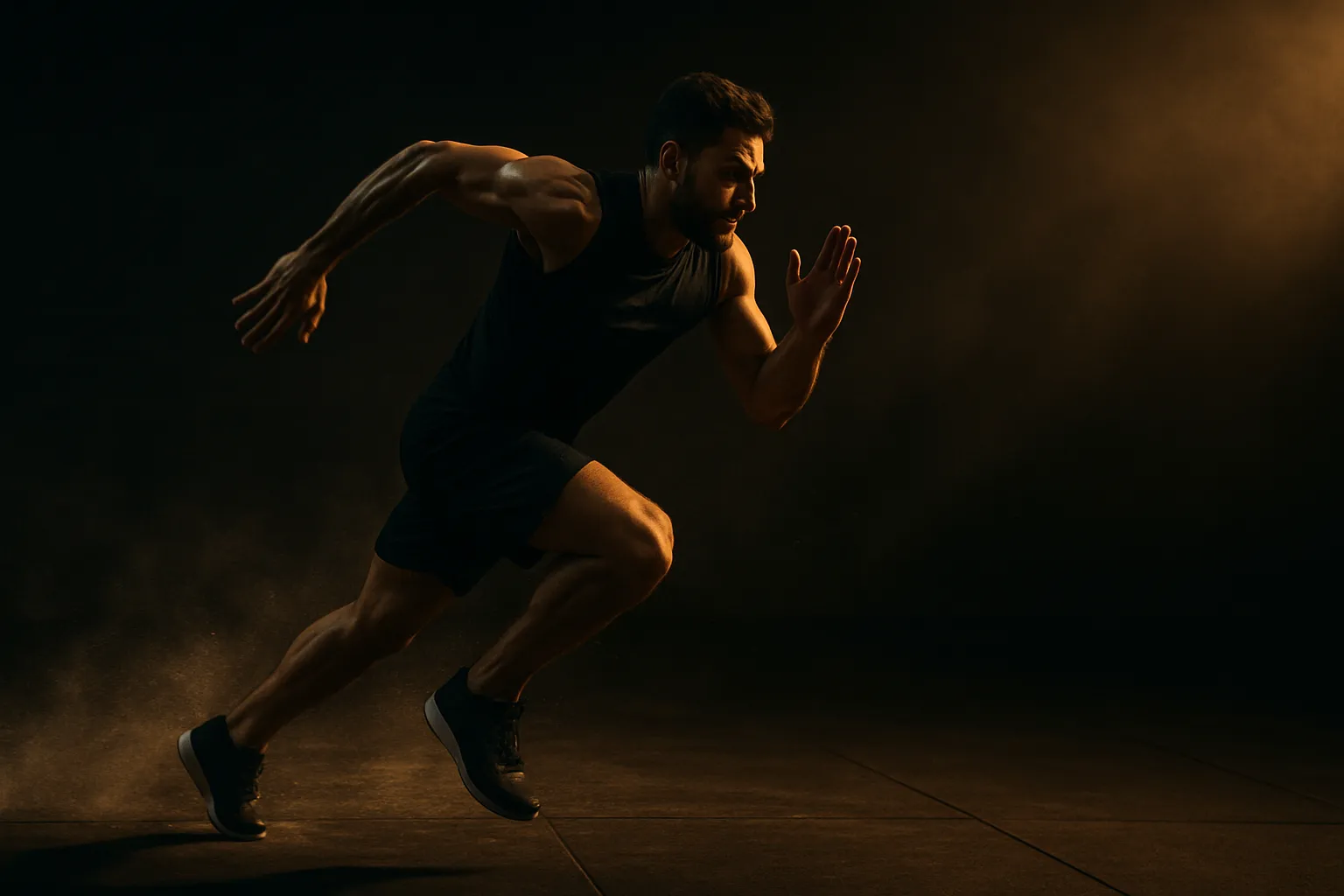 A dynamic wide shot of an athlete sprinting under moody, cinematic lighting. Motion blur and dust highlight explosive movement and precision