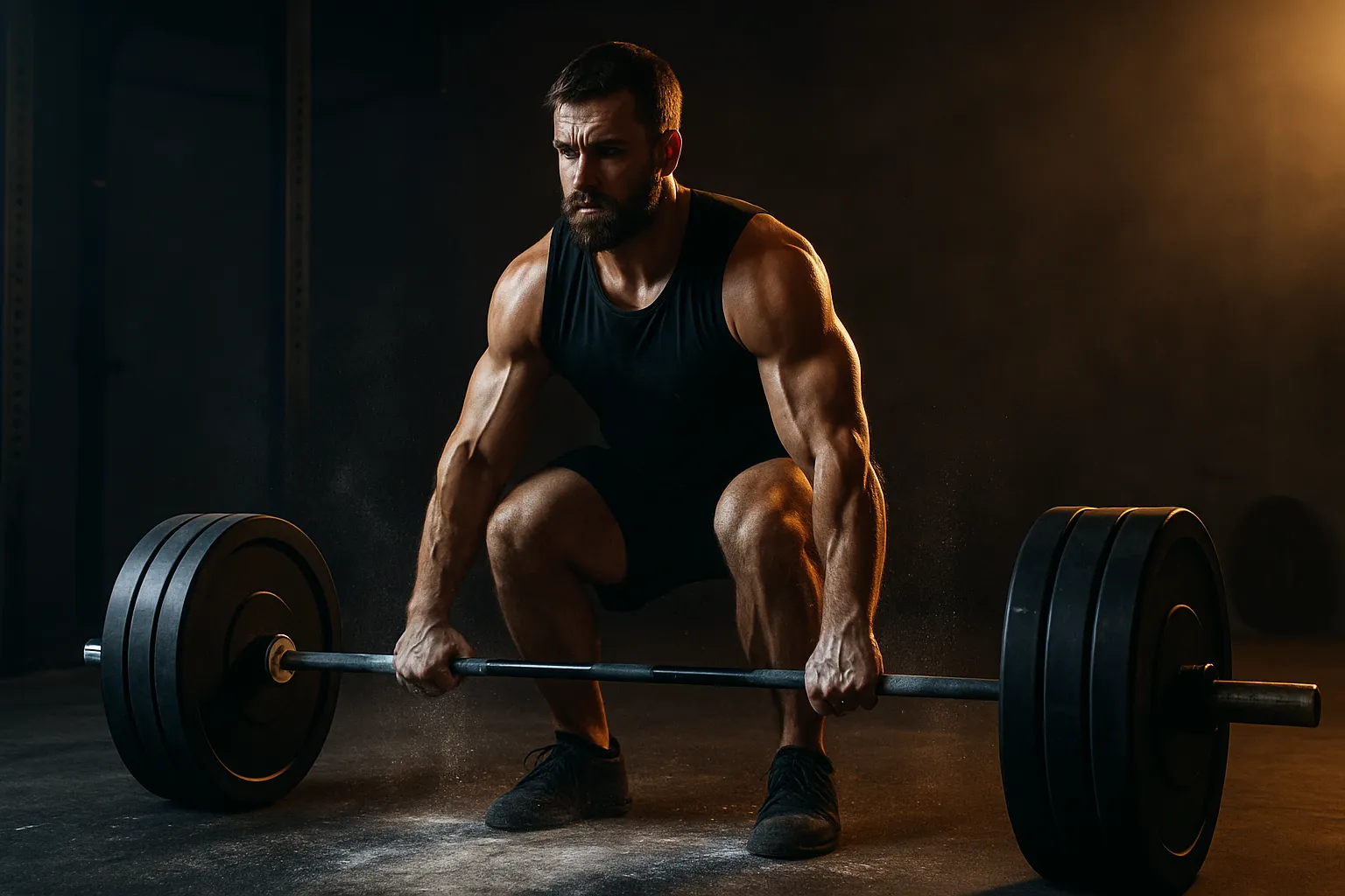 cinematic shot of an athlete performing a heavy barbell deadlift in a dark, gritty gym. Chalk dust fills the air as warm directional lighting cuts across muscular definition