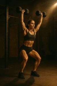 Toned slight female athlete mid-thruster, dumbbells overhead, powerful extension, dynamic gym lighting