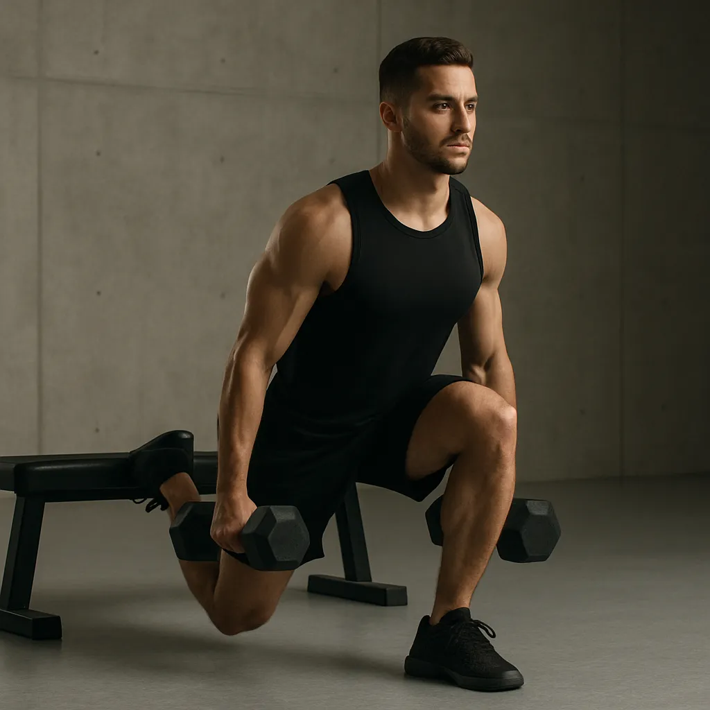 Athlete performing Bulgarian Split Squat with rear foot elevated on a bench, dumbbells in each hand, strong form, neutral lighting, focused expression