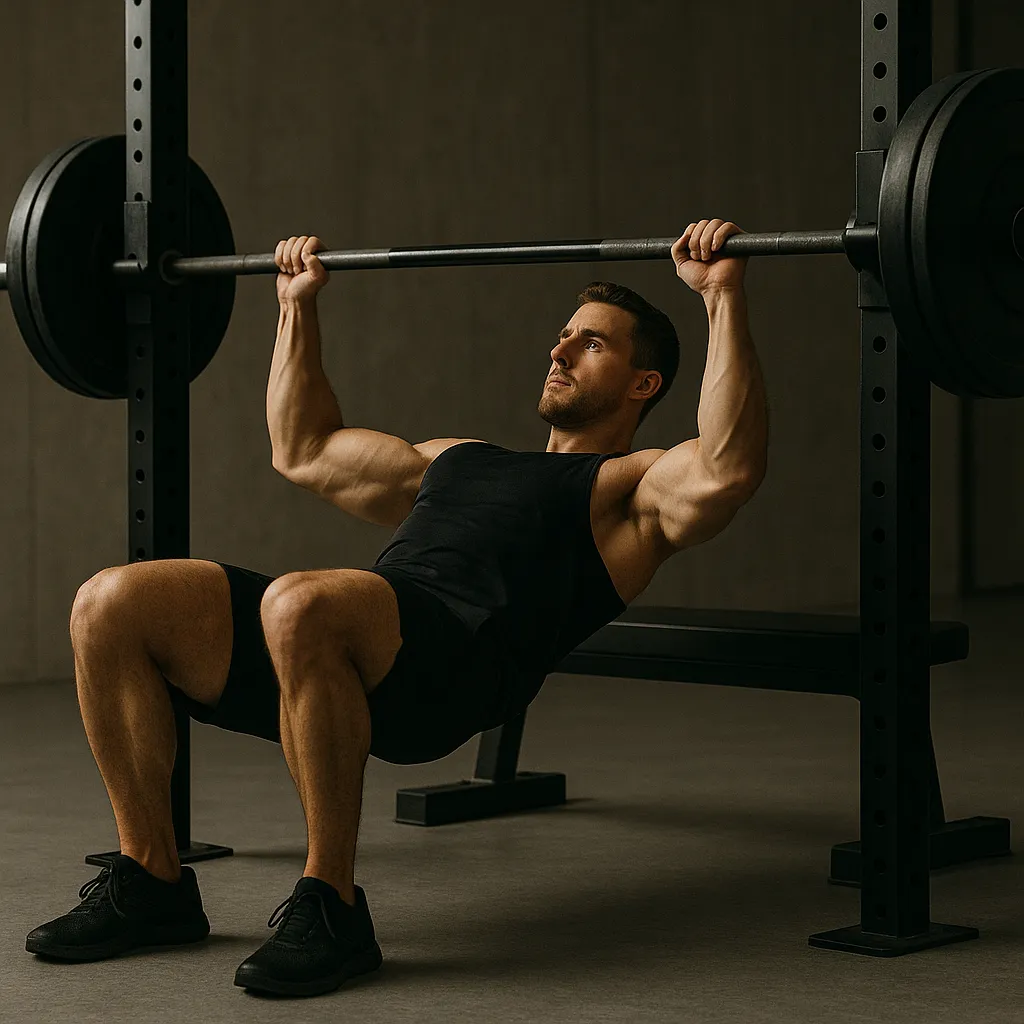 Athlete performing inverted row under barbell in rack, body straight, chest close to bar, controlled lighting in gym environment