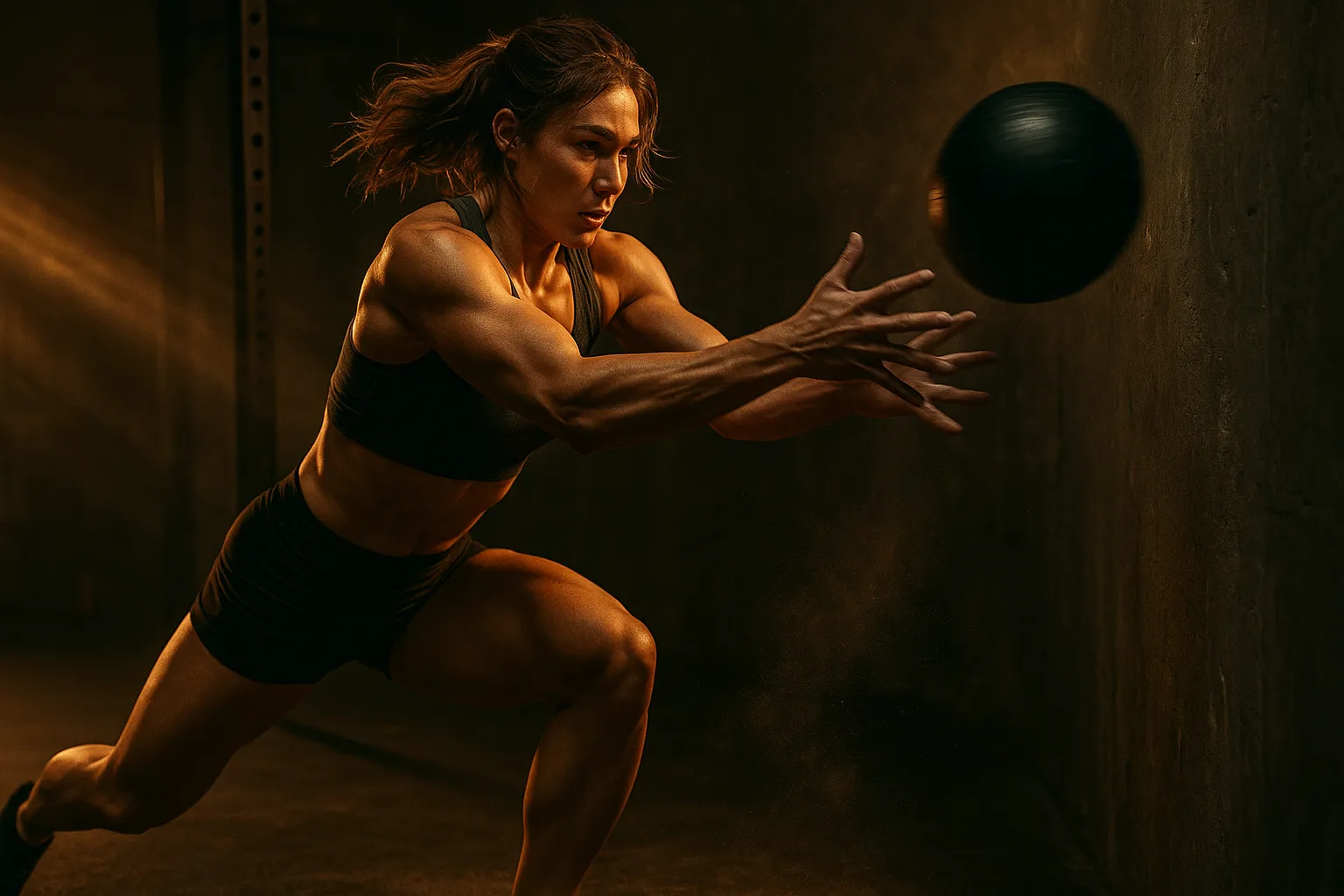 Female athlete performing medicine ball rotational throw against wall, strong hip drive, core engaged, dynamic lighting capturing motion blur and intensity