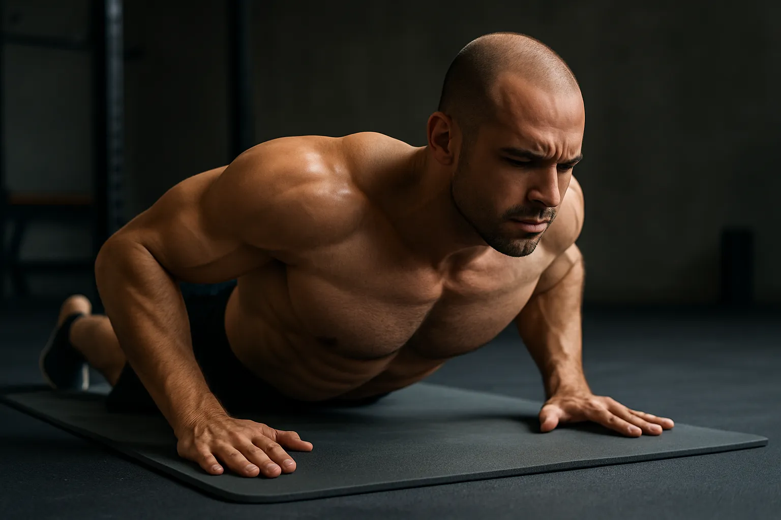 Athlete performing hand-release push-up on gym mat, chest on floor, hands lifted slightly, core braced, clean neutral lighting and strong definition