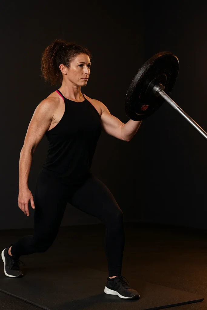 Female athlete performing standard standing landmine press, barbell angled upward, core tight, controlled expression, cinematic gym lighting, like the attached image